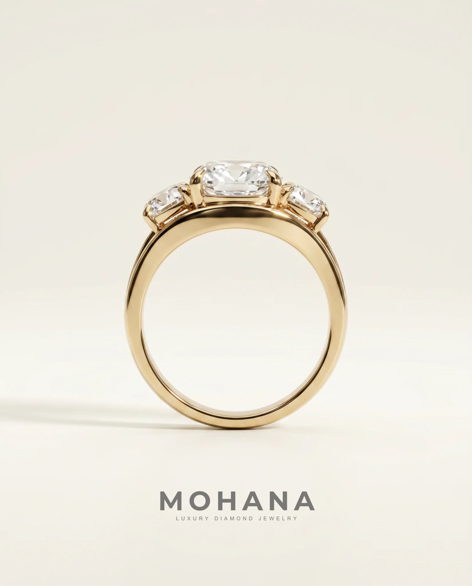 Ready to Ship 3 Carat Colorless Old Mine Cut Three-Stone Yellow Gold Diamond Ring — view 3