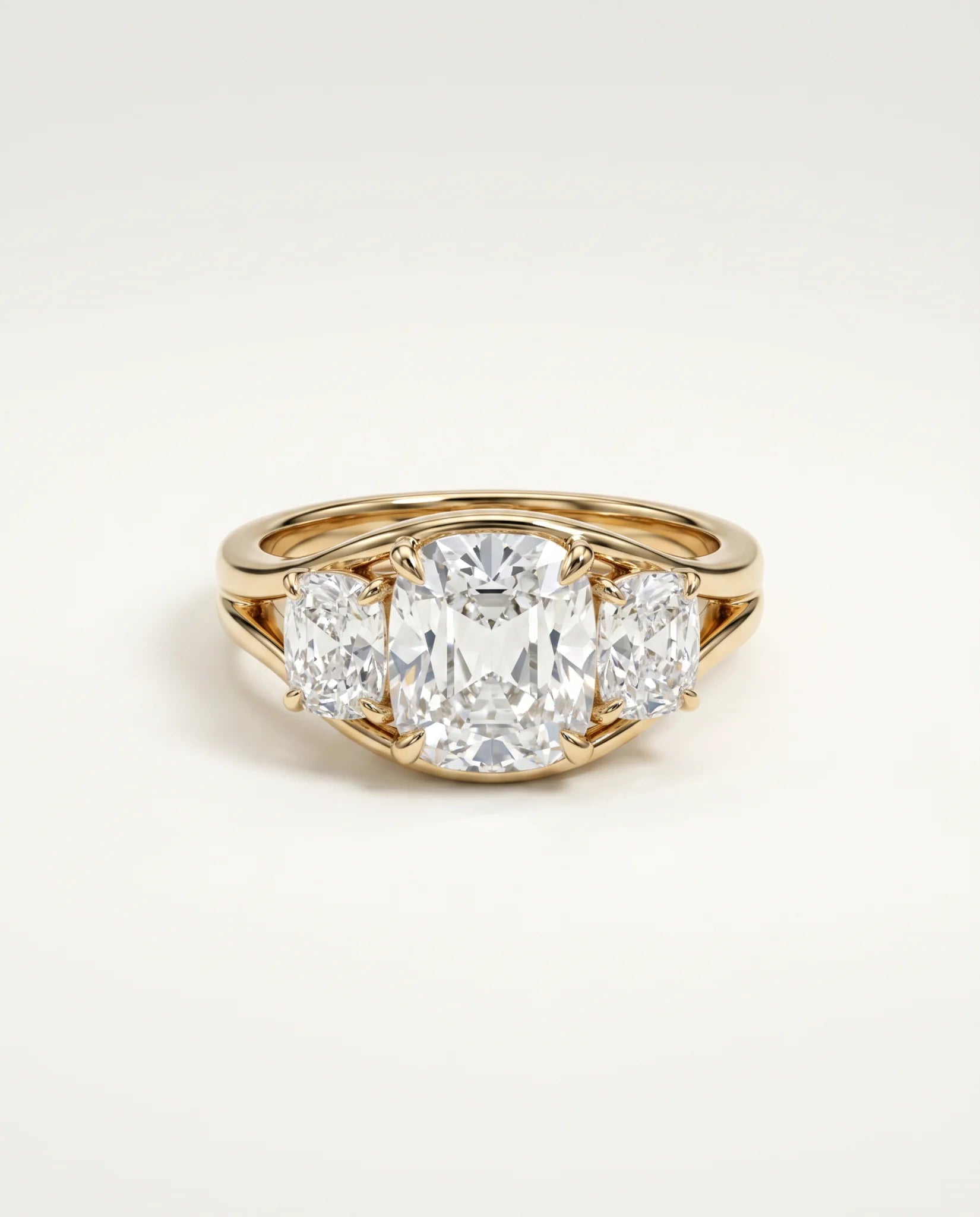 Ready to Ship 3 Carat Colorless Old Mine Cut Three-Stone Yellow Gold Diamond Ring — view 1