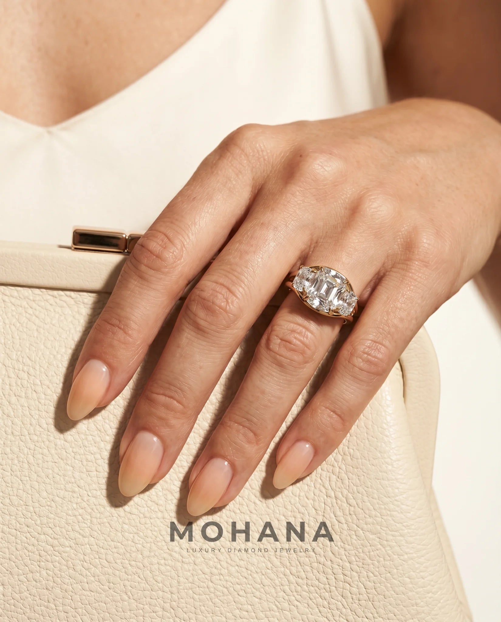 Ready to Ship 3 Carat Colorless Old Mine Cut Three-Stone Yellow Gold Diamond Ring — view 14