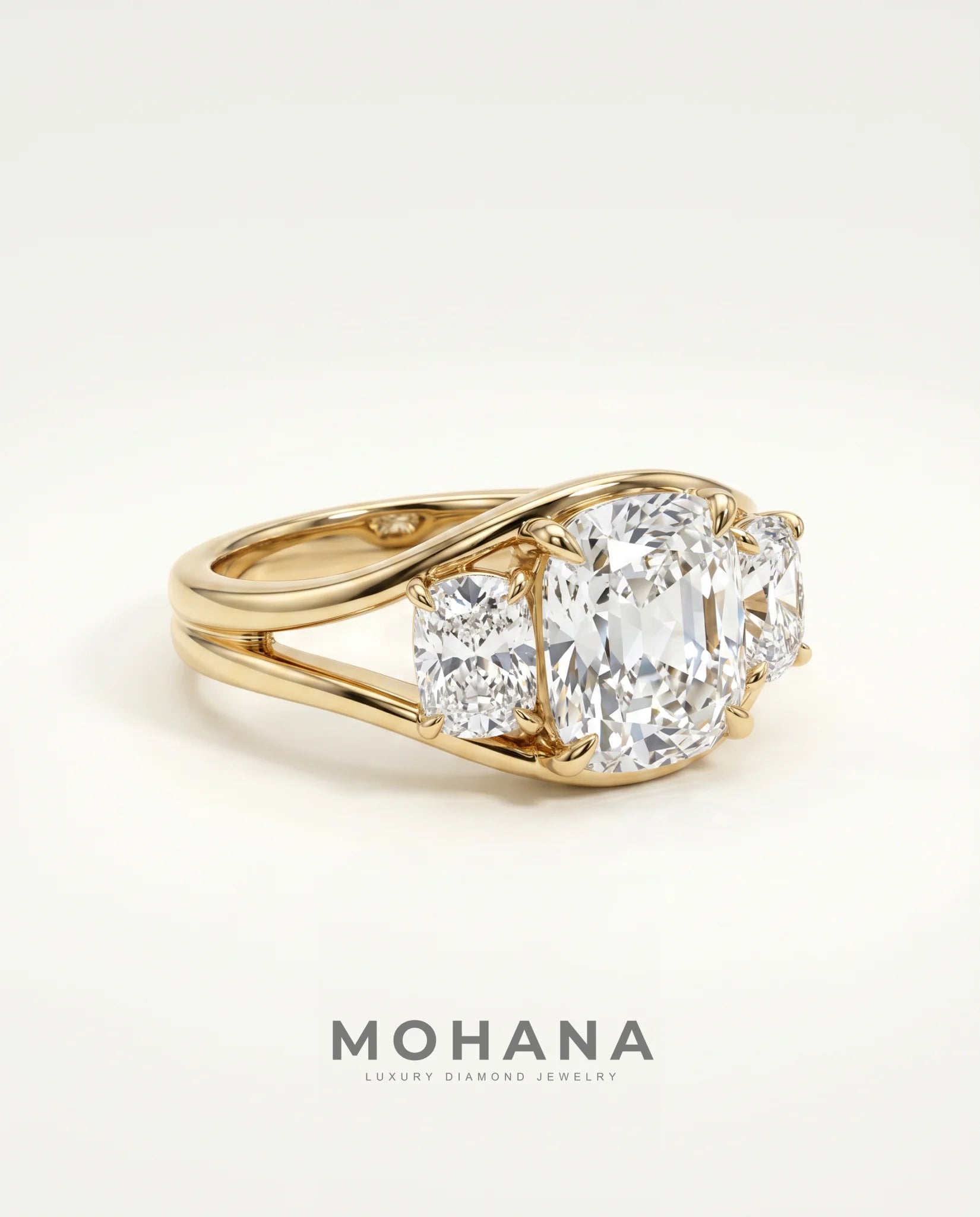 Ready to Ship 3 Carat Colorless Old Mine Cut Three-Stone Yellow Gold Diamond Ring — view 4