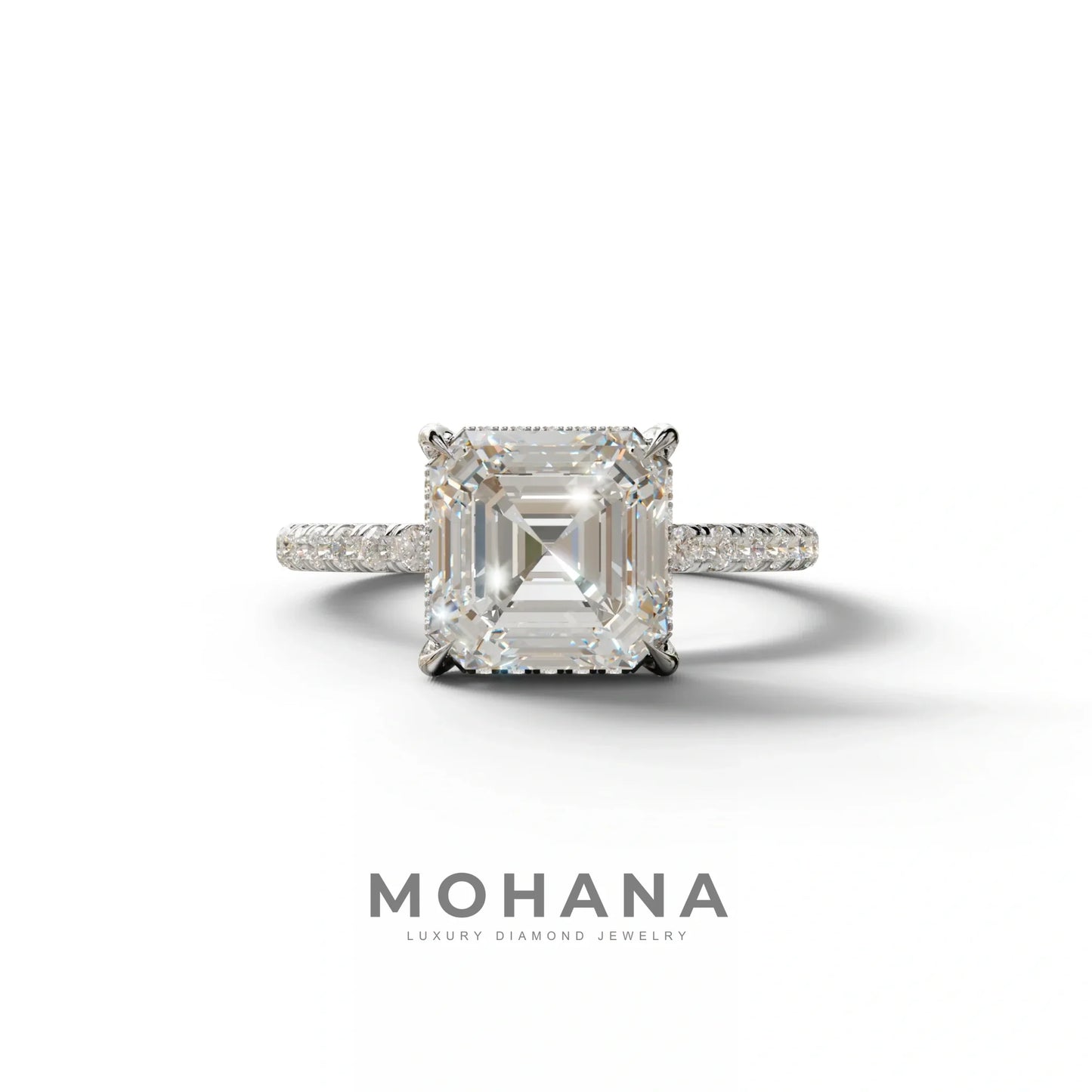 3 Carat E-VVS Asscher Cut Hidden Halo & Pave Lab Grown Diamond Ring - 10K Solid Gold / White Gold