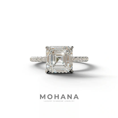 3 Carat E-VVS Asscher Cut Hidden Halo & Pave Lab Grown Diamond Ring - 10K Solid Gold / White Gold