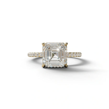 3 Carat E-VVS Asscher Cut Hidden Halo & Pave Lab Grown Diamond Ring - 10K Solid Gold / Yellow Gold