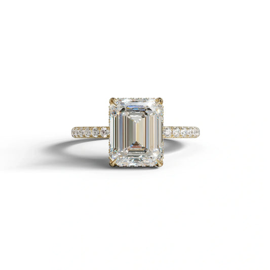 3 Carat E-VVS Emerald Cut Lab Diamond In Hidden Halo & Pave Setting Ring - 10K Solid Gold / Yellow Gold