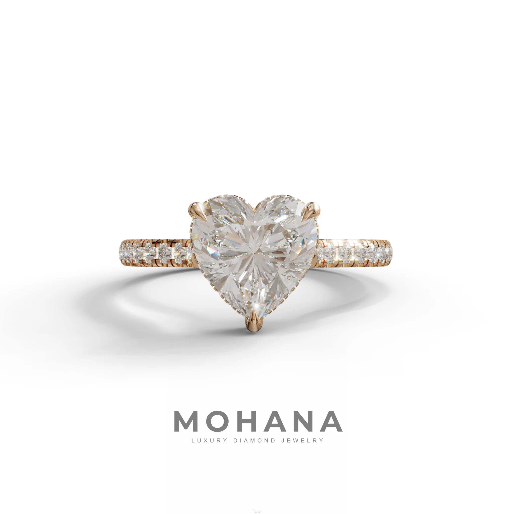 E VVS Heart Cut Lab Grown Diamond Solitaire Ring with Pavé Band – Mohana Jewels - 10K Solid Gold / Rose Gold