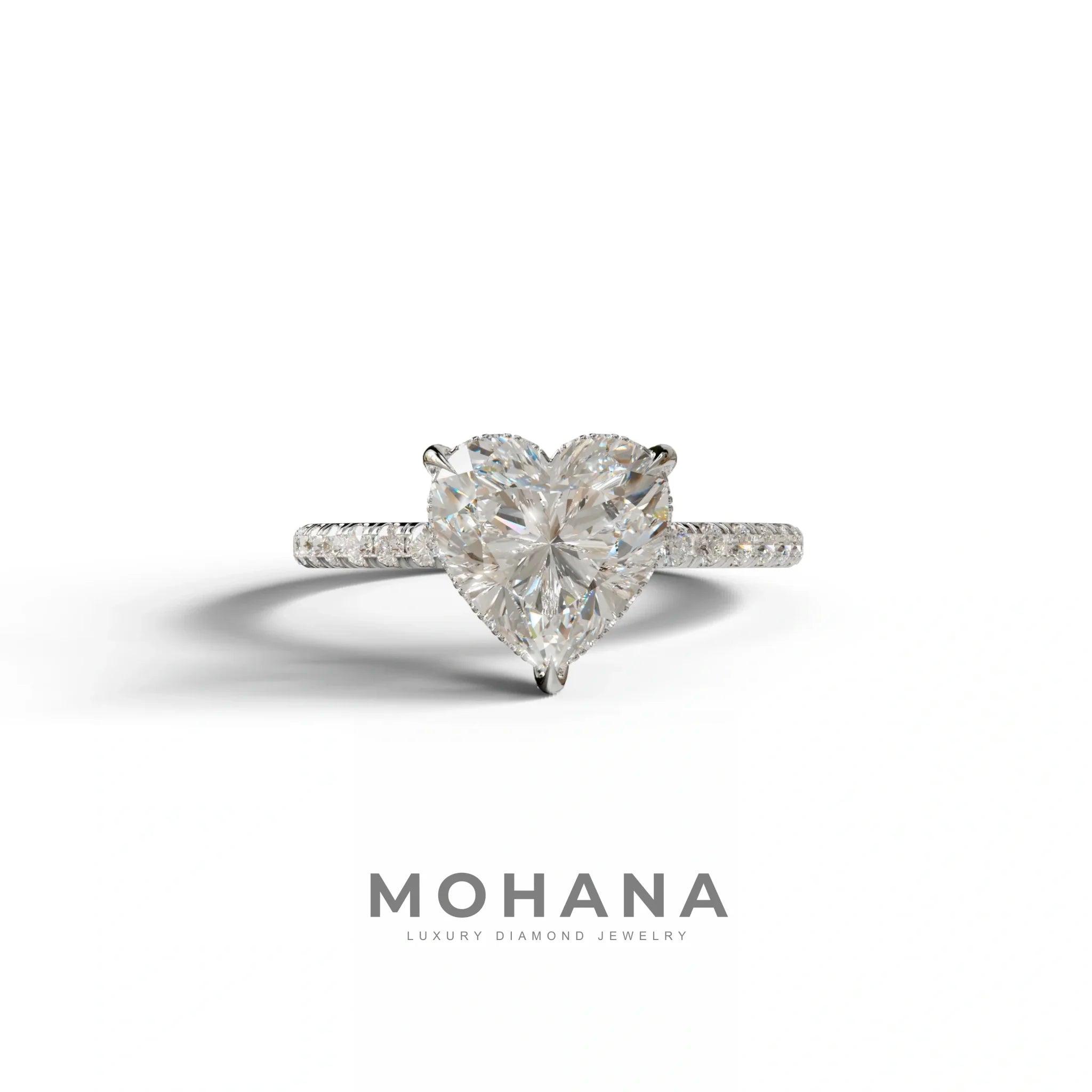 E/VVS 3 Carat Heart Cut Hidden Halo & Pavé Setting Engagement Ring - 10K Solid Gold / White Gold