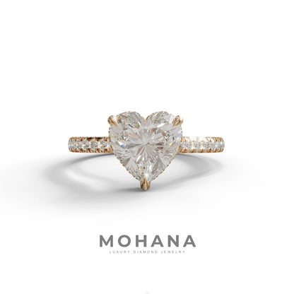 E VVS Heart Cut Lab Grown Diamond Solitaire Ring with Pavé Band – Mohana Jewels - 10K Solid Gold / Rose Gold