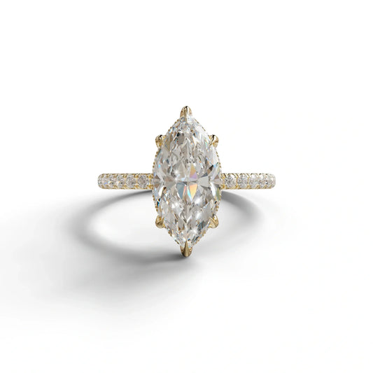 3 Carat E-VVS Marquise Cut Lab Diamond In Hidden Halo & Pave Setting Ring - 10K Solid Gold / Yellow Gold