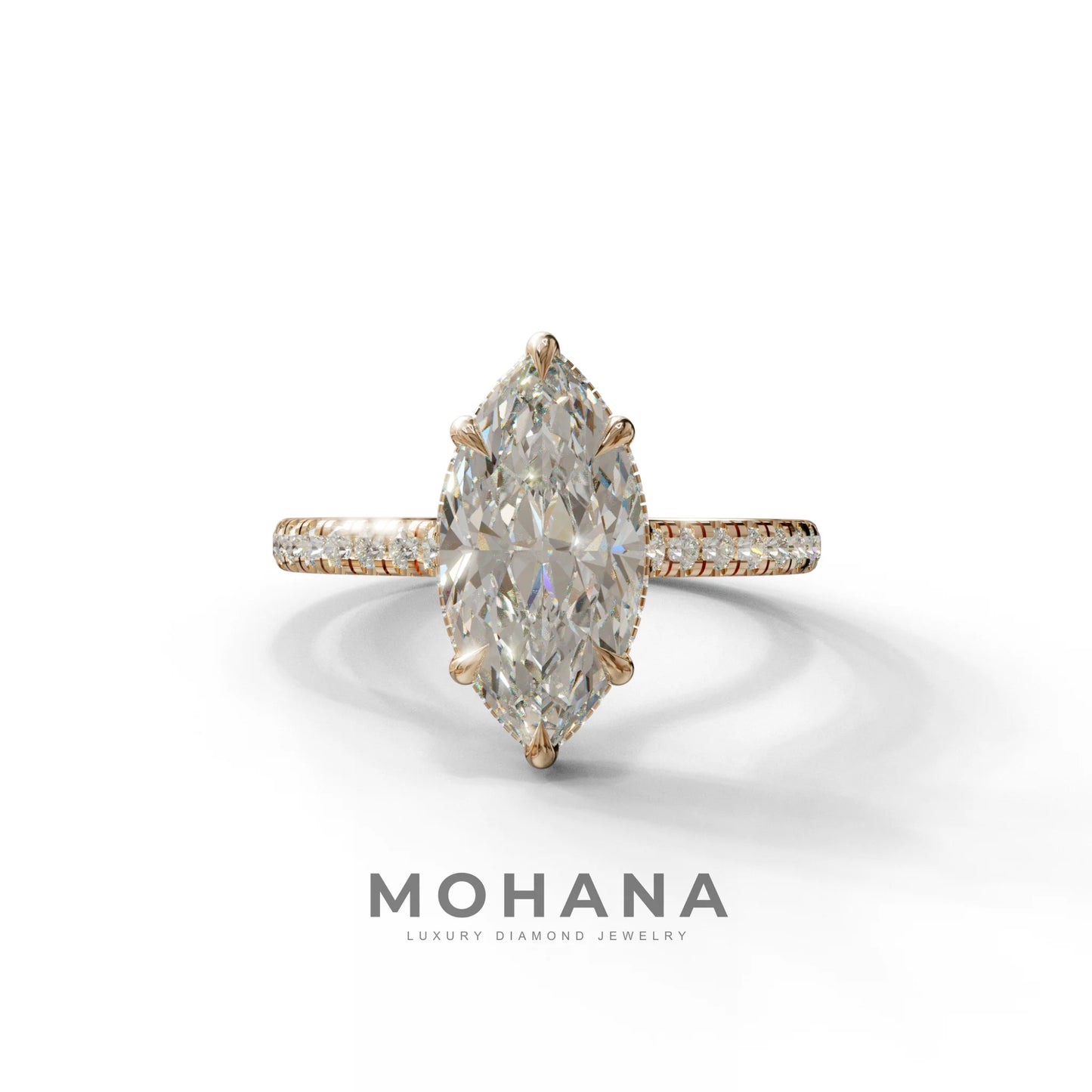 3 Carat E-VVS Marquise Cut Hidden Halo & Pave Set Lab Diamond Ring - Eblouissant - 10K Solid Gold / Rose Gold