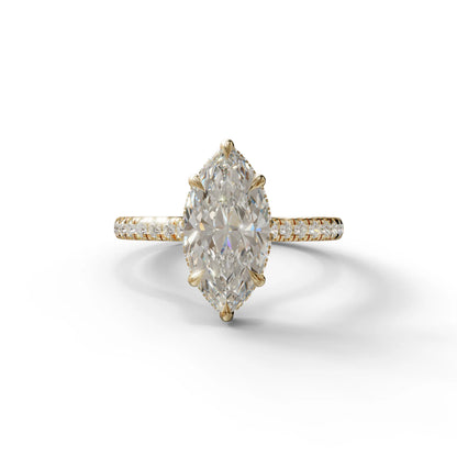 3 Carat E-VVS Marquise Cut Hidden Halo & Pave Set Lab Diamond Ring - Eblouissant - 10K Solid Gold / Yellow Gold