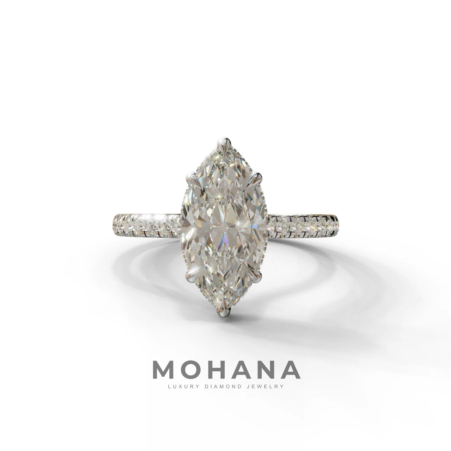 3 Carat E-VVS Marquise Cut Hidden Halo & Pave Set Lab Diamond Ring - Eblouissant - 10K Solid Gold / White Gold