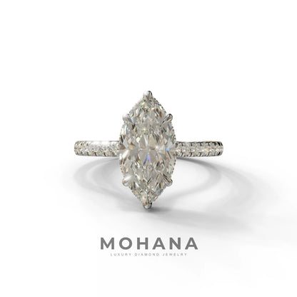 3 Carat E-VVS Marquise Cut Hidden Halo & Pave Set Lab Diamond Ring - Eblouissant - 10K Solid Gold / White Gold