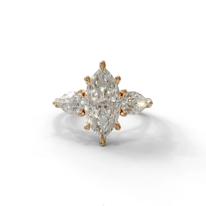 3 Carat E/VVS Marquise & Pear Cut Three Stone Lab Grown Diamond Engagement Ring - 10K Solid Gold / Rose Gold