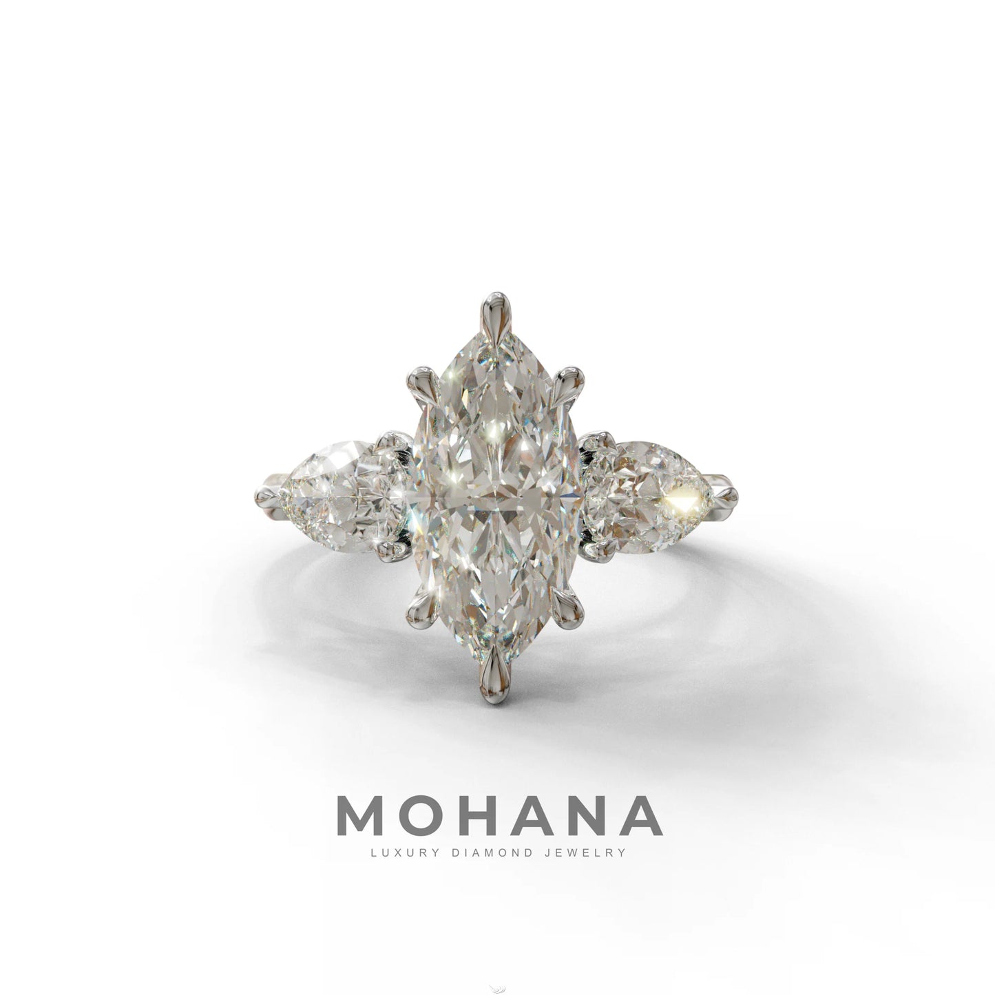 3 Carat E/VVS Marquise & Pear Cut Three Stone Lab Grown Diamond Engagement Ring - 10K Solid Gold / White Gold