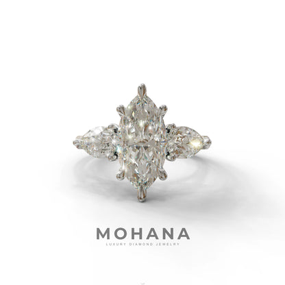 3 Carat E/VVS Marquise & Pear Cut Three Stone Lab Grown Diamond Engagement Ring - 10K Solid Gold / White Gold