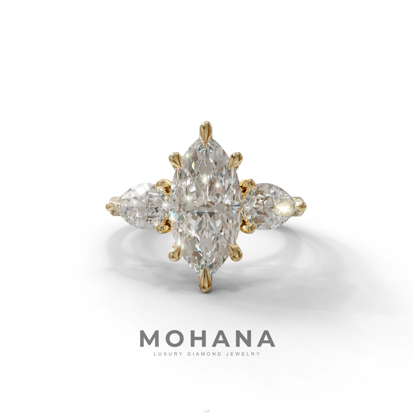 3 Carat E/VVS Marquise & Pear Cut Three Stone Lab Grown Diamond Engagement Ring - 10K Solid Gold / Yellow Gold