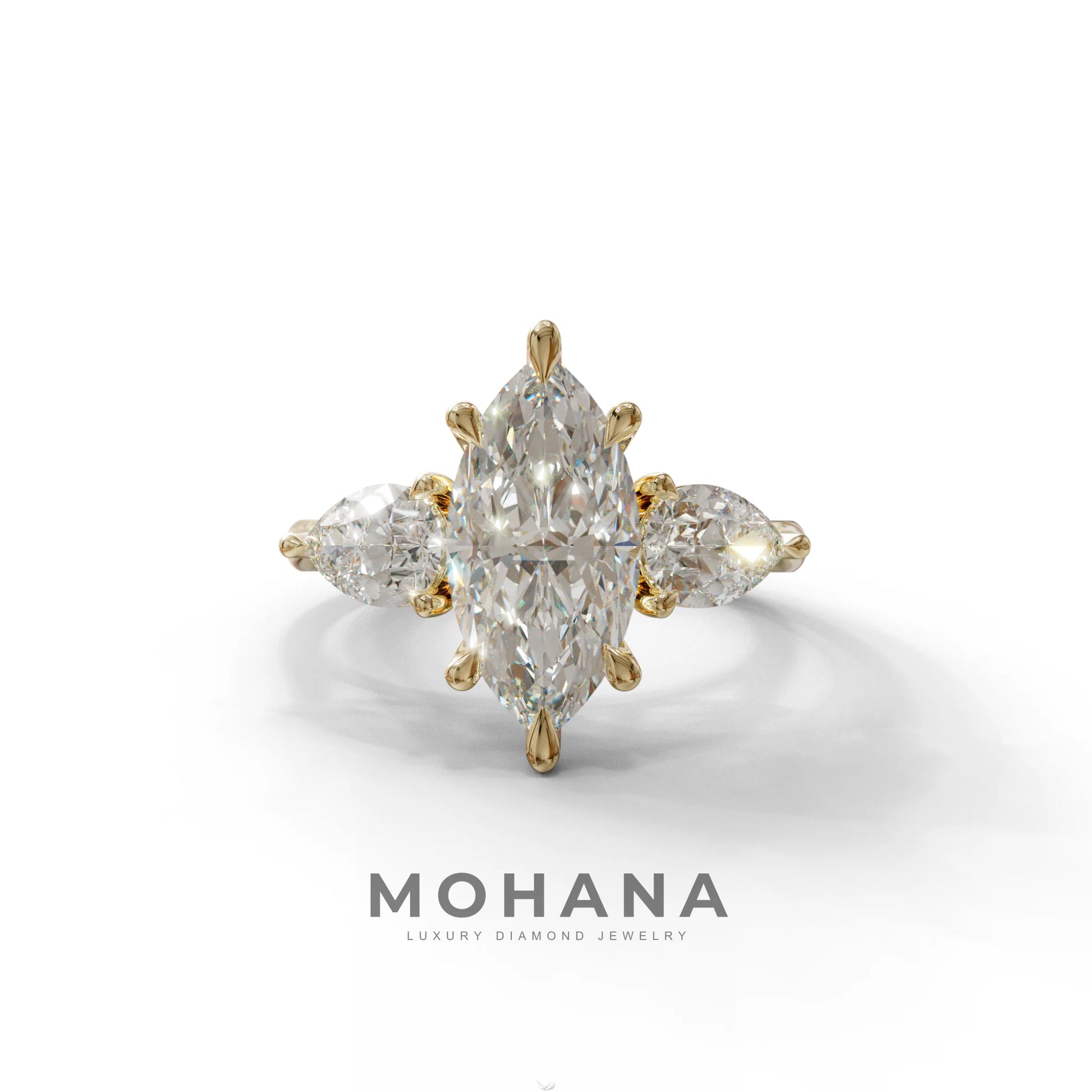 3 Carat E/VVS Marquise & Pear Cut Three Stone Lab Grown Diamond Engagement Ring - 10K Solid Gold / Yellow Gold