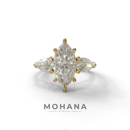 3 Carat E/VVS Marquise & Pear Cut Three Stone Lab Grown Diamond Engagement Ring - 10K Solid Gold / Yellow Gold