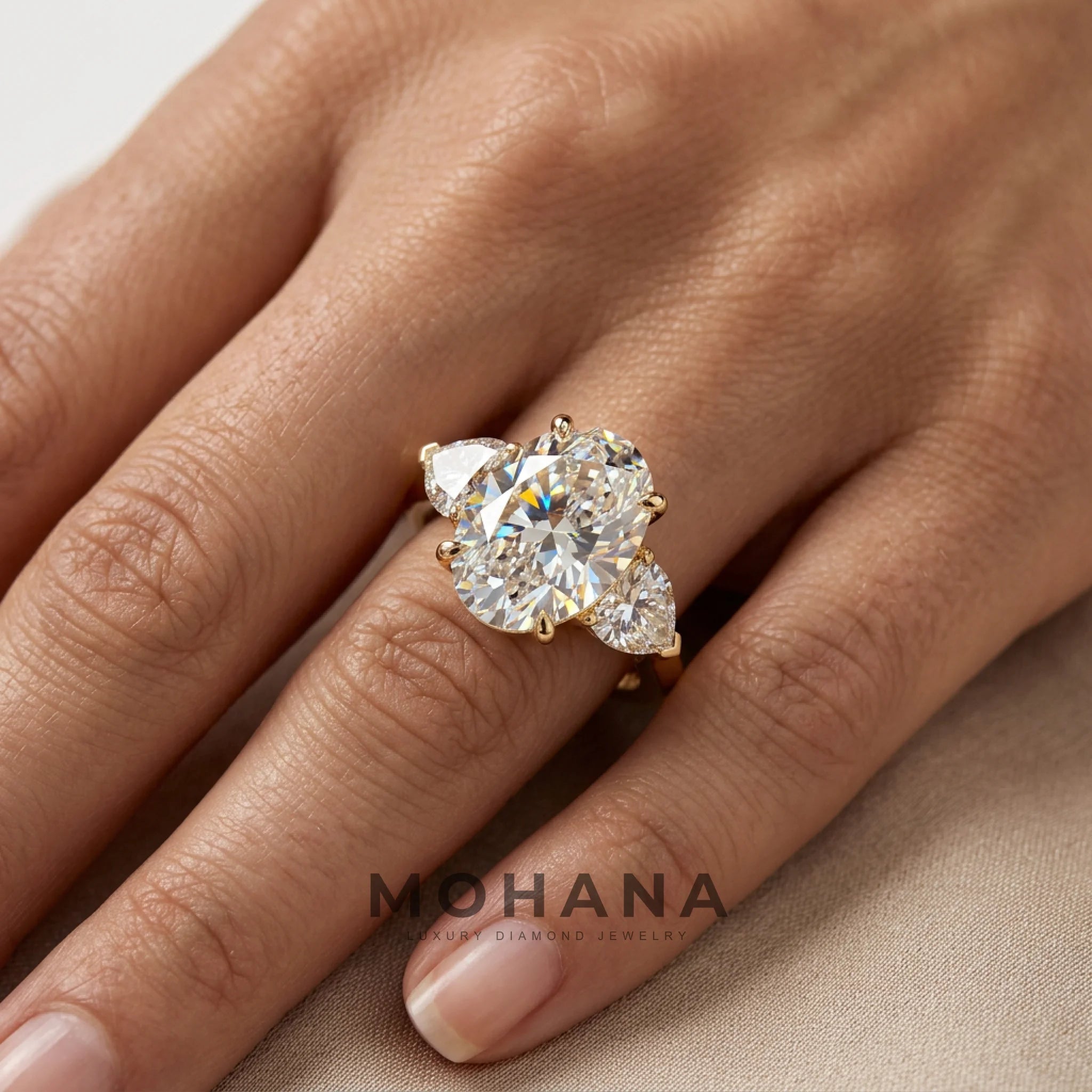 3 Carat E VVS Oval Lab Grown Diamond Engagement Ring Three Stone Heart Cut