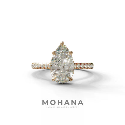 3 Carat E-VVS Pear Cut Hidden Halo & Pave Set Lab Diamond Ring - Eblouissant - 10K Solid Gold / Rose Gold