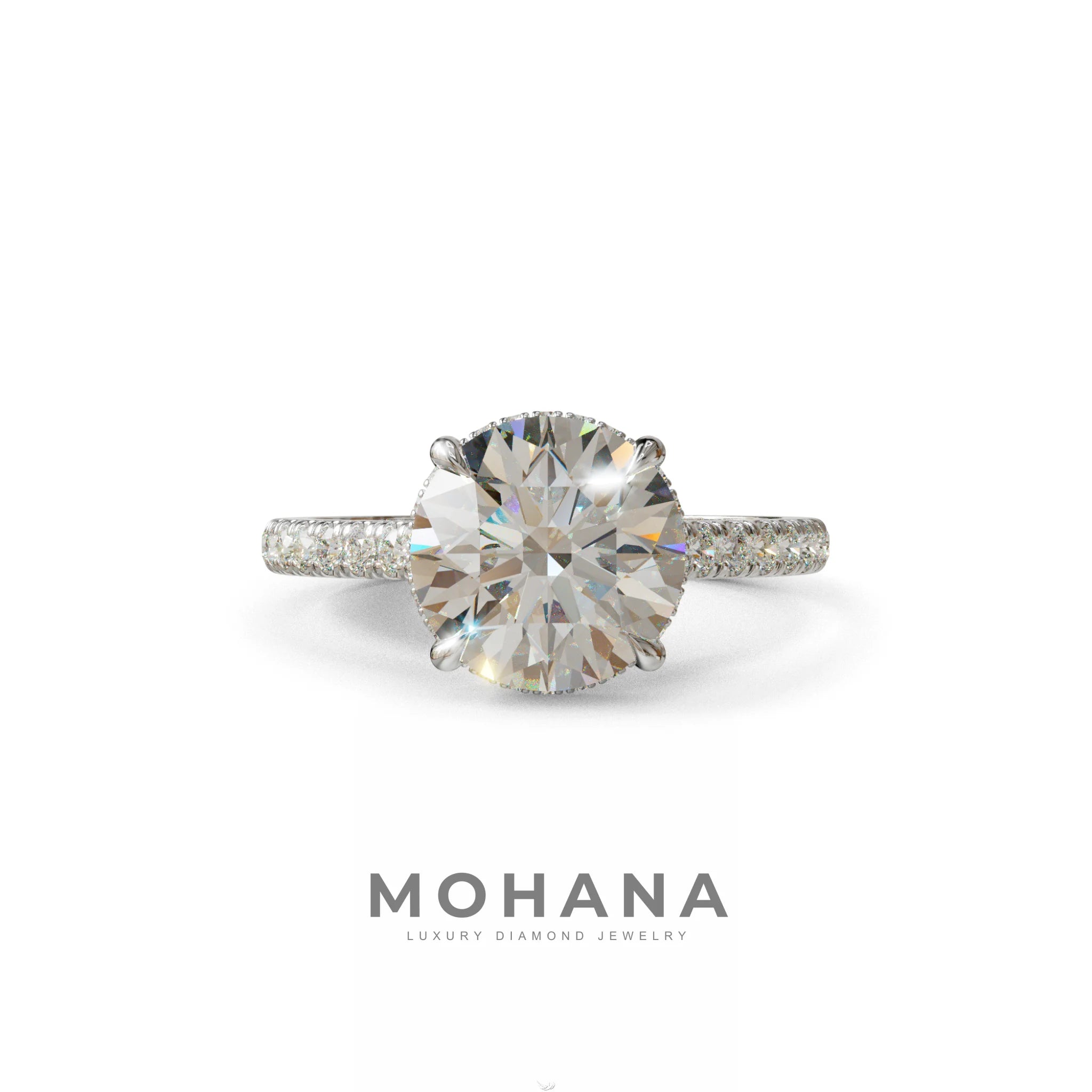 3 Carat E/VVS Round Cut Hidden Halo & Pave Setting Lab Diamond Ring - Eblouissant - 10K Solid Gold / White Gold