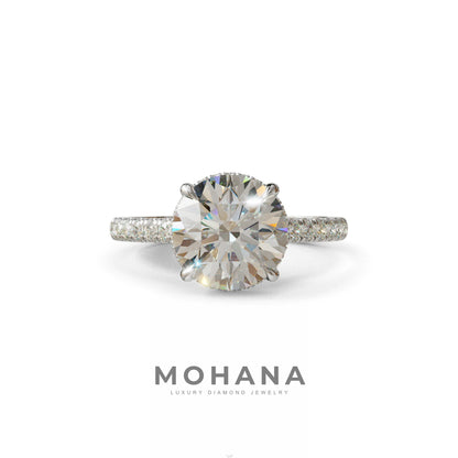 3 Carat E/VVS Round Cut Hidden Halo & Pave Setting Lab Diamond Ring - Eblouissant - 10K Solid Gold / White Gold