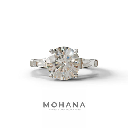 E-VVS 3 Carat Round & Tapered Cut Multi Stone Lab Diamond Ring - Reflection - 10K Solid Gold / White Gold