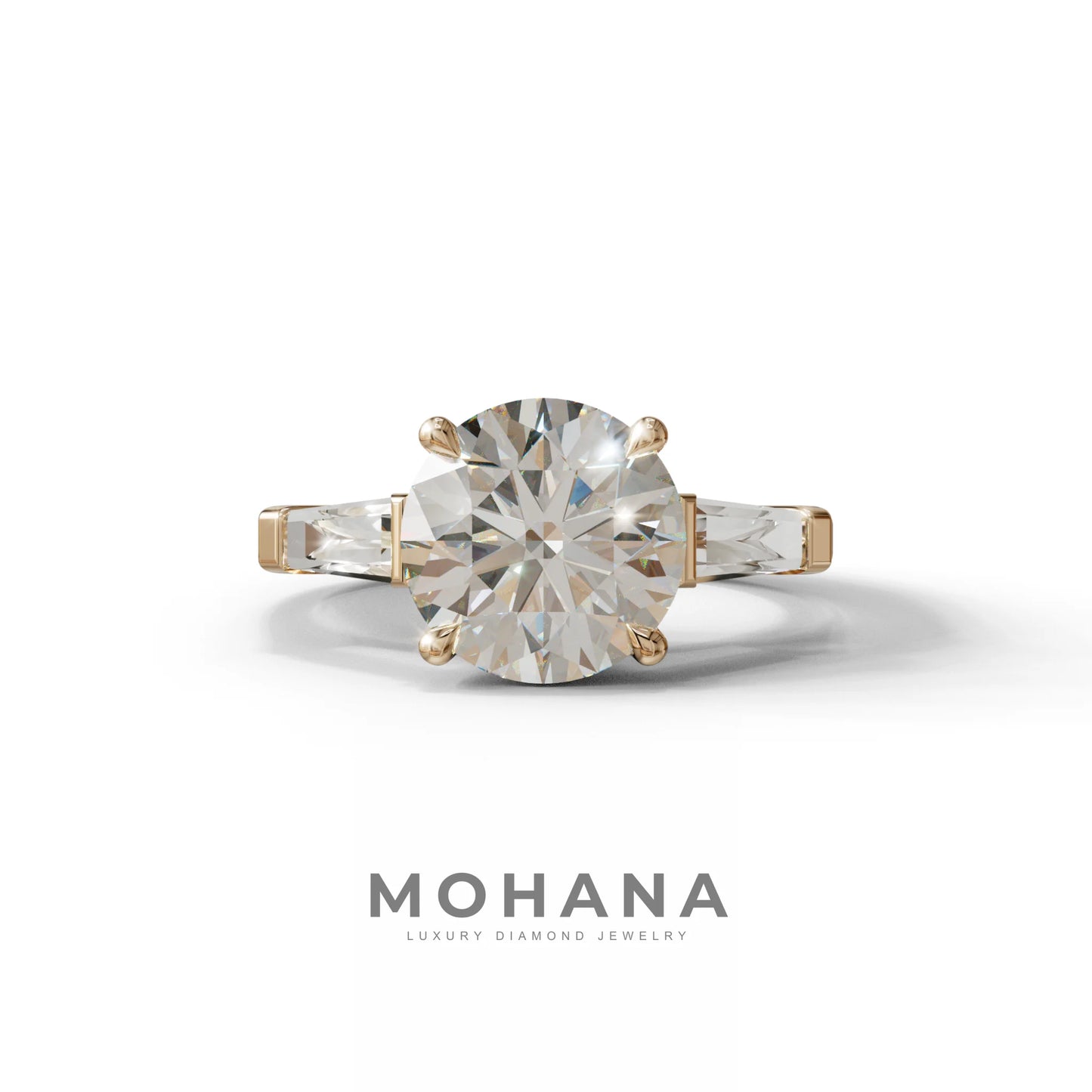 E-VVS 3 Carat Round & Tapered Cut Multi Stone Lab Diamond Ring - Reflection - 10K Solid Gold / Rose Gold