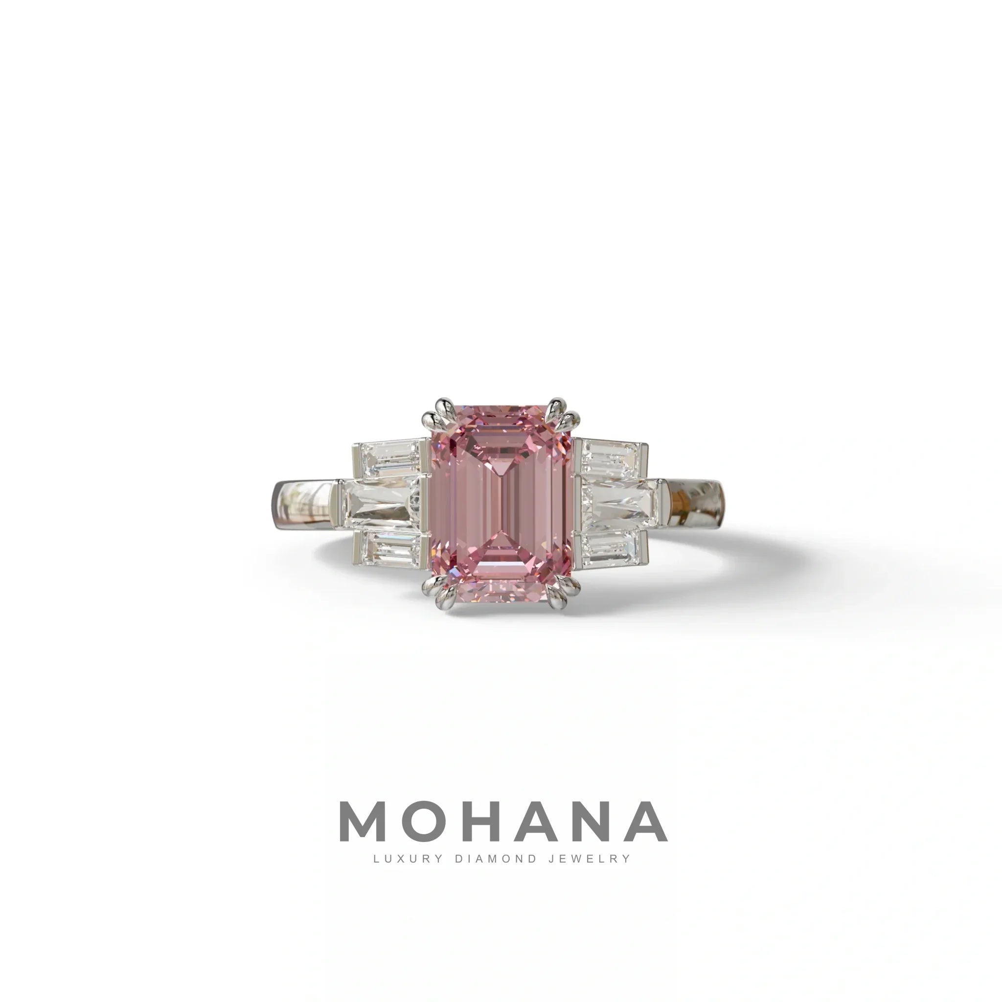 3 Carat Emerald Cut Pink Lab Grown Diamond Ring - Leela - 10K Solid Gold / White Gold