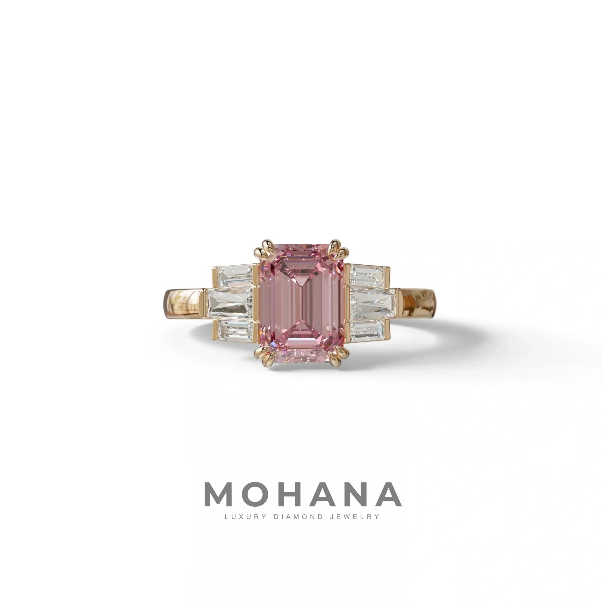 3 Carat Emerald Cut Pink Lab Grown Diamond Ring - Leela - 10K Solid Gold / Rose Gold