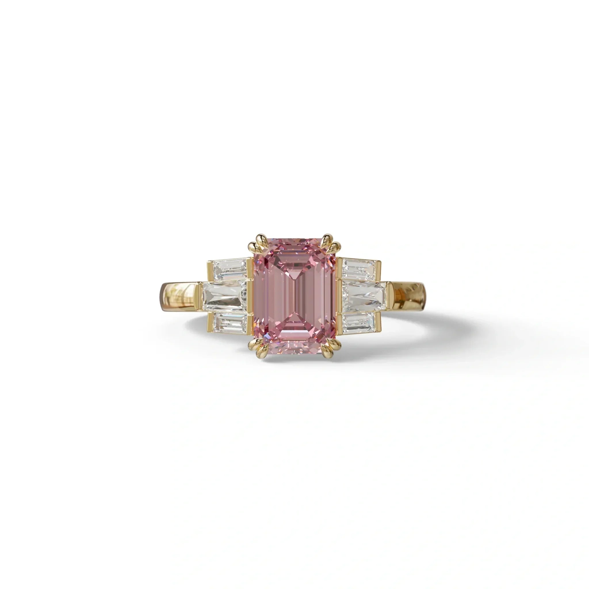 3 Carat Emerald Cut Pink Lab Grown Diamond Ring - Leela - 10K Solid Gold / Yellow Gold
