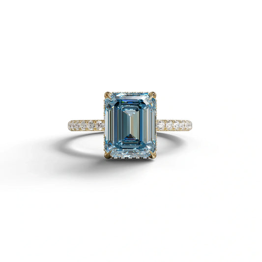 3 Carat Blue Emerald Cut Lab Diamond In Hidden Halo & Pave Setting Ring - 10K Solid Gold / Yellow Gold