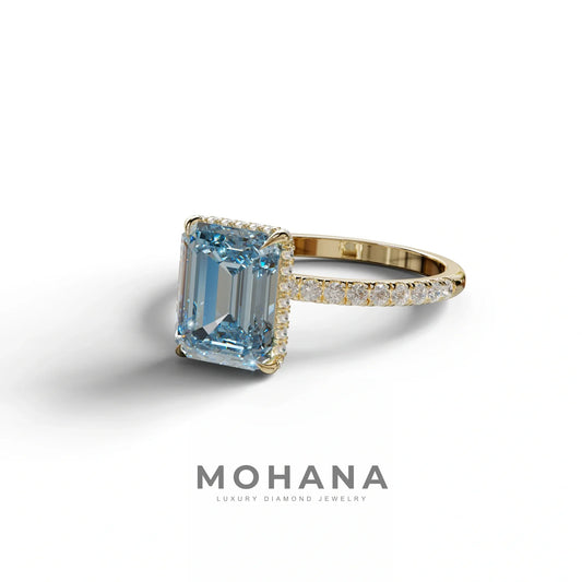 3 Carat Blue Emerald Cut Lab Diamond In Hidden Halo & Pave Setting Ring