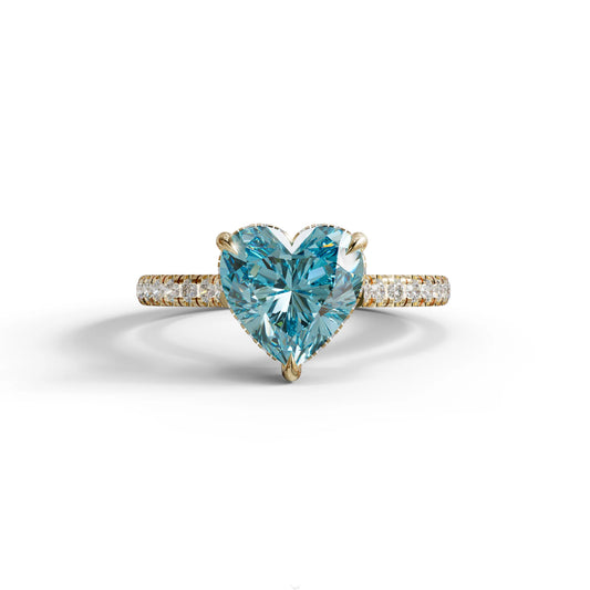 Heart Shaped Blue Diamond Engagement Ring – Lab Grown Pavé Solitaire in 14K Gold - 10K Solid Gold / Yellow Gold