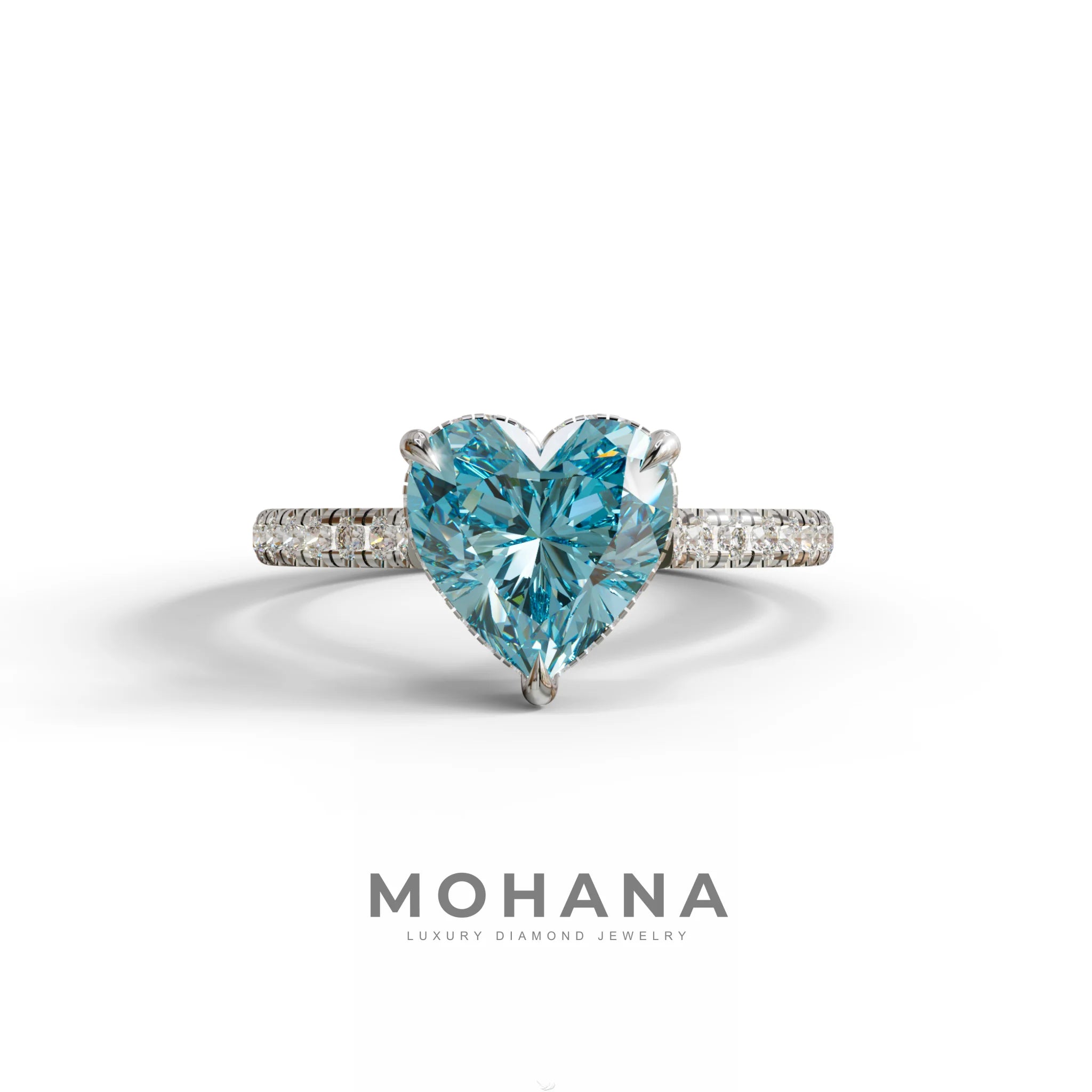 Heart Shaped Blue Diamond Engagement Ring – Lab Grown Pavé Solitaire in 14K Gold - 10K Solid Gold / White Gold