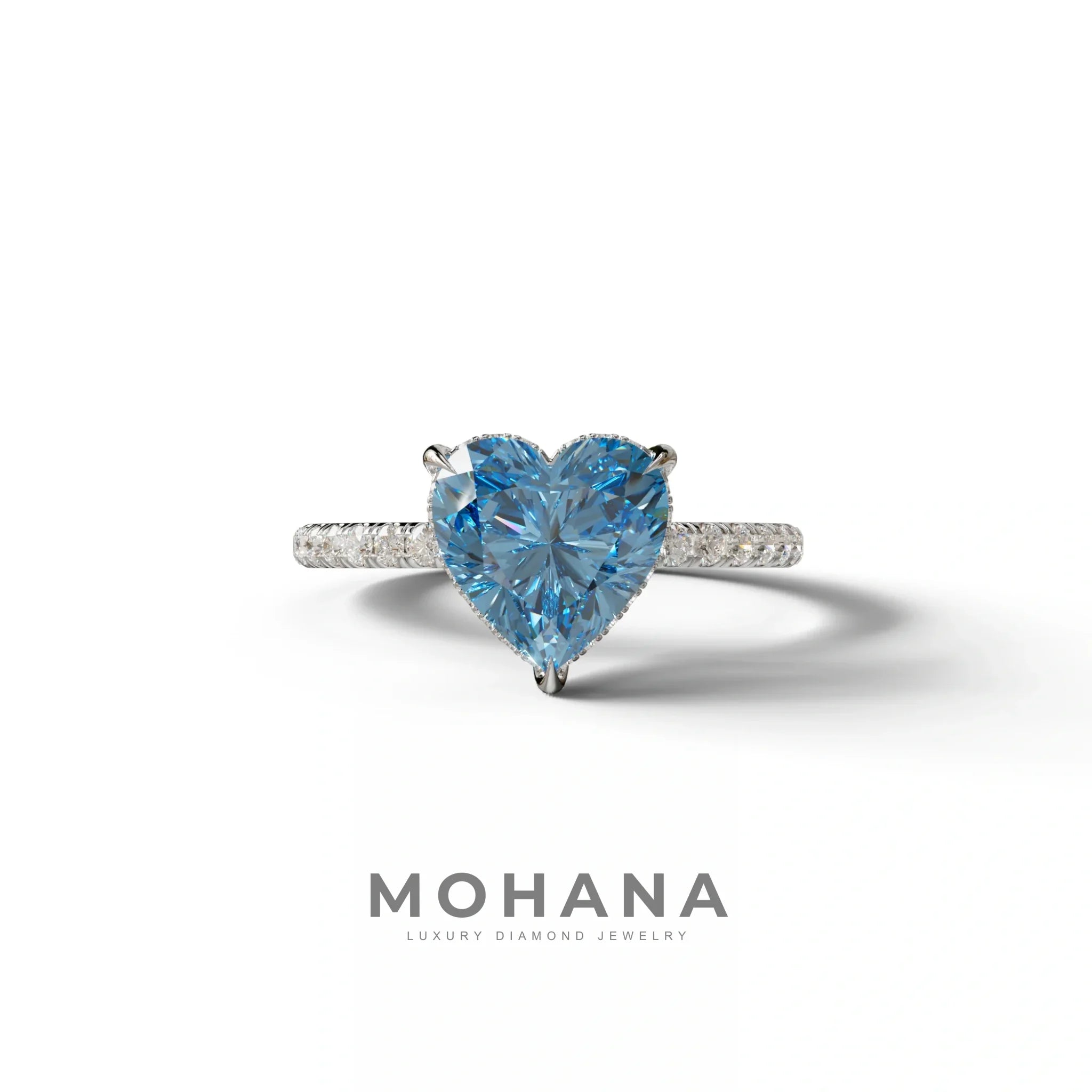 Blue 3 Carat Heart Cut Hidden Halo & Pavé Setting Engagement Ring - 10K Solid Gold / White Gold