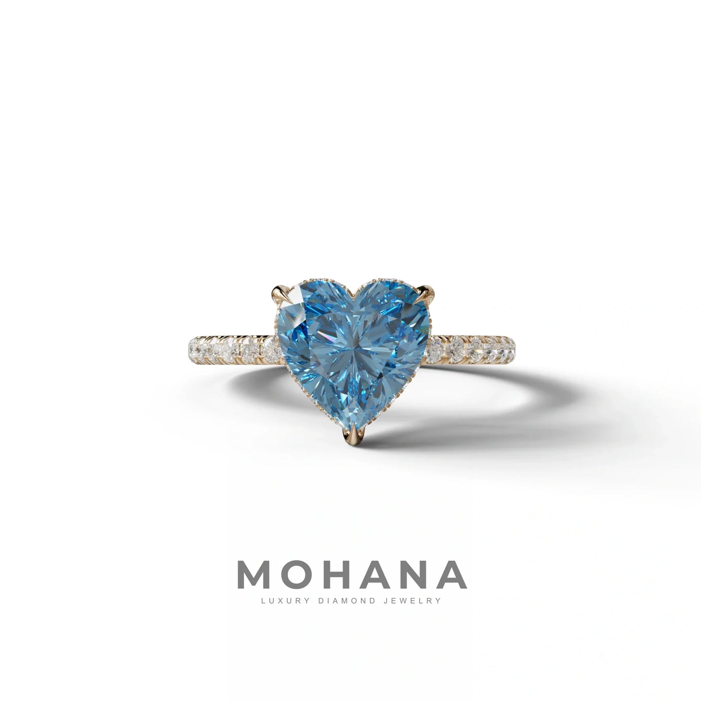 Blue 3 Carat Heart Cut Hidden Halo & Pavé Setting Engagement Ring - 10K Solid Gold / Rose Gold