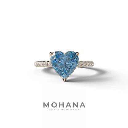 Blue 3 Carat Heart Cut Hidden Halo & Pavé Setting Engagement Ring - 10K Solid Gold / Rose Gold