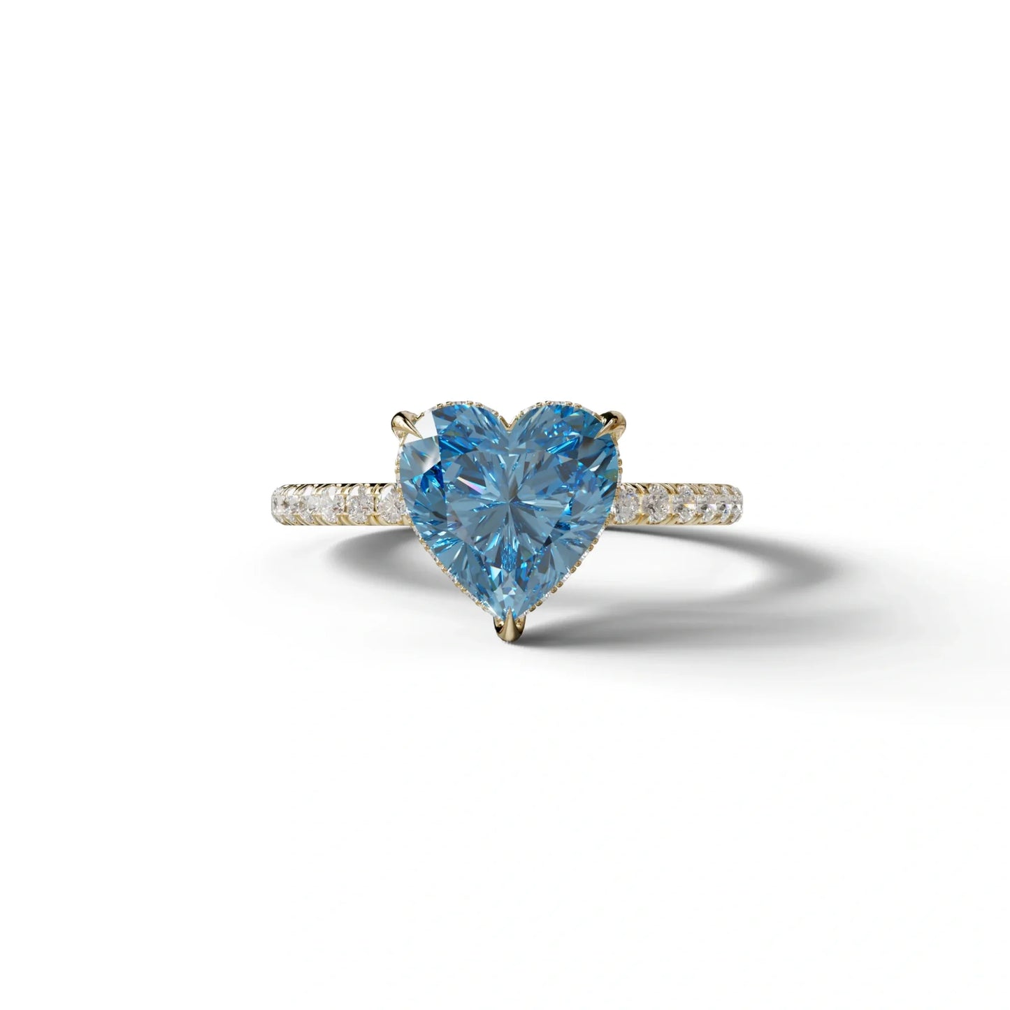 Blue 3 Carat Heart Cut Hidden Halo & Pavé Setting Engagement Ring - 10K Solid Gold / Yellow Gold