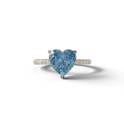 Blue 3 Carat Heart Cut Hidden Halo & Pavé Setting Engagement Ring - 10K Solid Gold / Yellow Gold