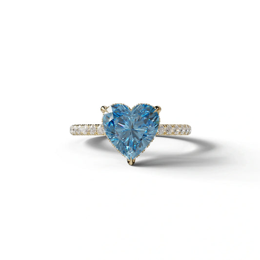 Blue 3 Carat Heart Cut Hidden Halo & Pavé Setting Engagement Ring - 10K Solid Gold / Yellow Gold