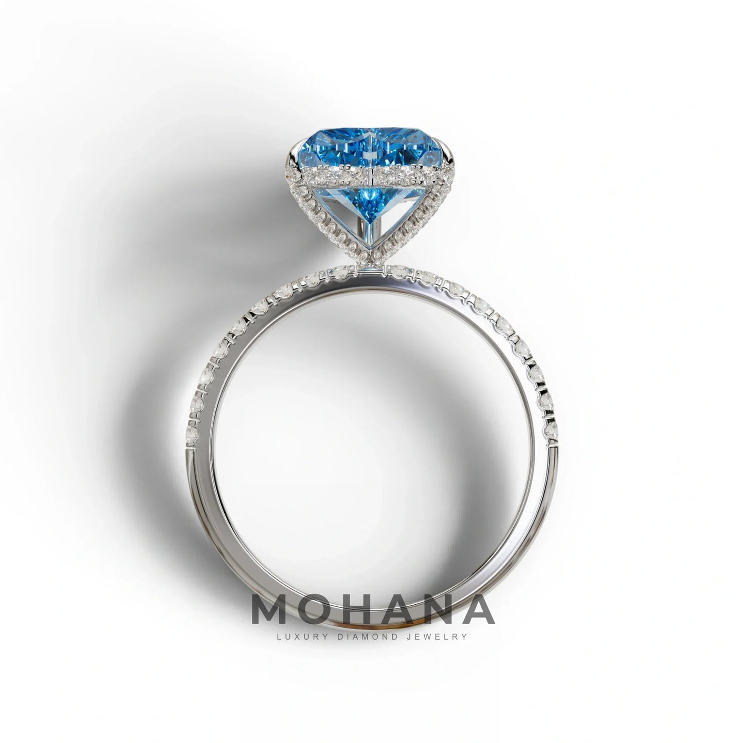 Blue 3 Carat Heart Cut Hidden Halo & Pavé Setting Engagement Ring