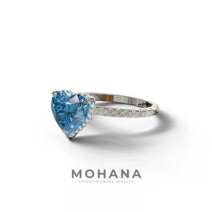 Blue 3 Carat Heart Cut Hidden Halo & Pavé Setting Engagement Ring