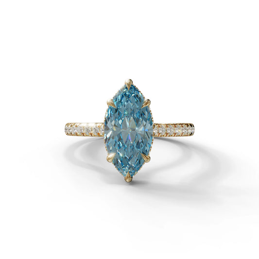 3 Carat Blue Marquise Cut Hidden Halo & Pave Set Lab Diamond Ring - Eblouissant - 10K Solid Gold / Yellow Gold