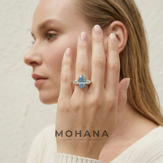3 Carat Fancy Blue Marquise & Pear Cut Three Stone Lab Grown Diamond Engagement Ring