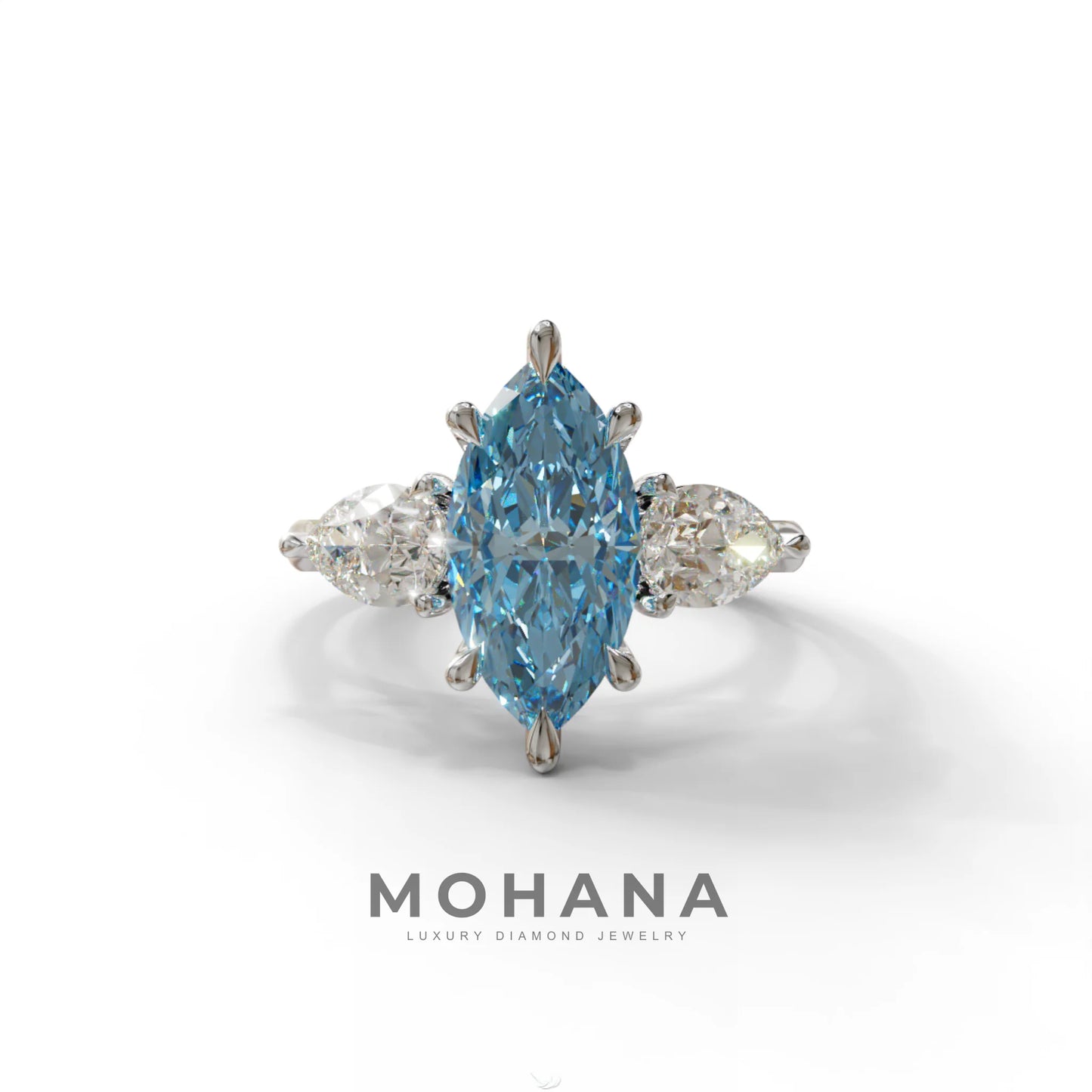 3 Carat Fancy Blue Marquise & Pear Cut Three Stone Lab Grown Diamond Engagement Ring - 10K Solid Gold / White Gold