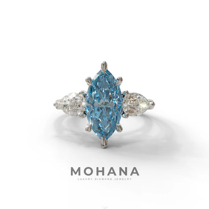 3 Carat Fancy Blue Marquise & Pear Cut Three Stone Lab Grown Diamond Engagement Ring - 10K Solid Gold / White Gold