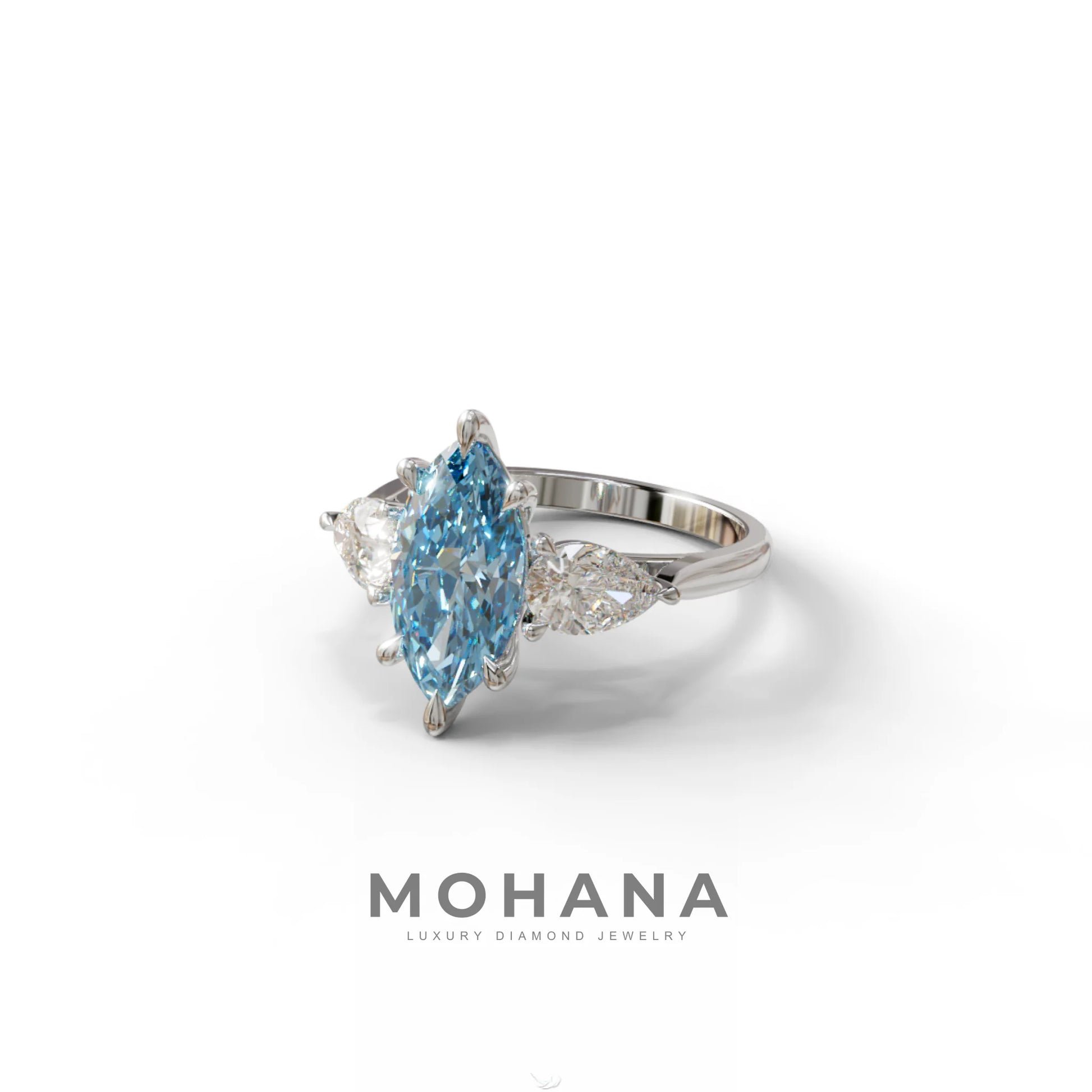 3 Carat Fancy Blue Marquise & Pear Cut Three Stone Lab Grown Diamond Engagement Ring