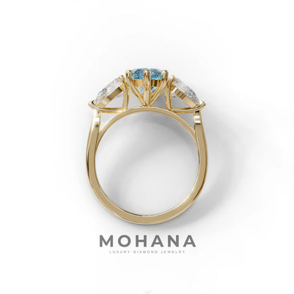 3 Carat Fancy Blue Marquise & Pear Cut Three Stone Lab Grown Diamond Engagement Ring
