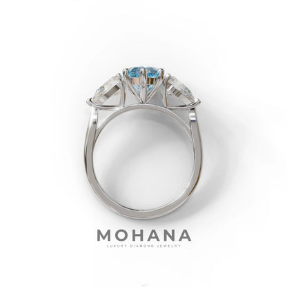 3 Carat Fancy Blue Marquise & Pear Cut Three Stone Lab Grown Diamond Engagement Ring